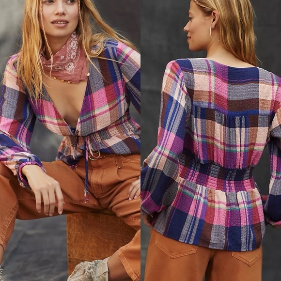 Anthropologie Pilcro NWT Plaid Deep V Blouse Preppy Boho Western Womens S - Picture 1 of 8
